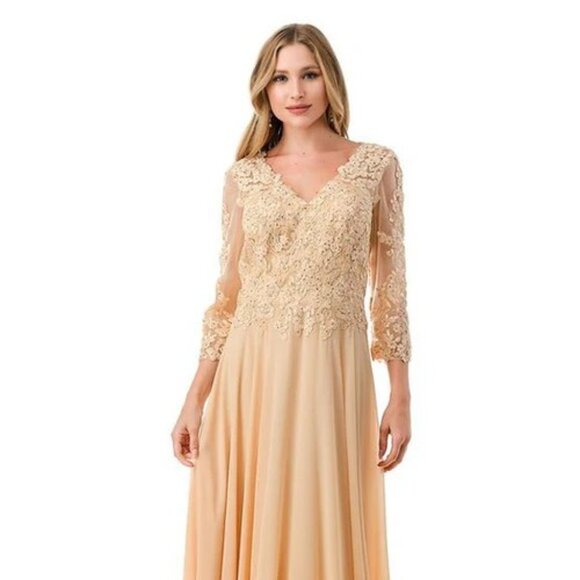 New A-Line Formal Floral Lace Embellished MOB Maxi Gown w/ 3/4 Sleeves TC M2758Q - Picture 1 of 8